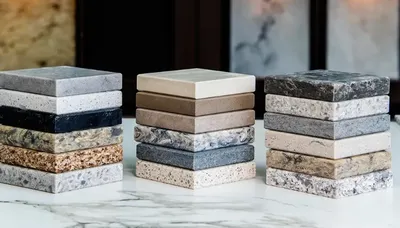 Reference samples and mock-ups of Turkish marble and travertine on a table